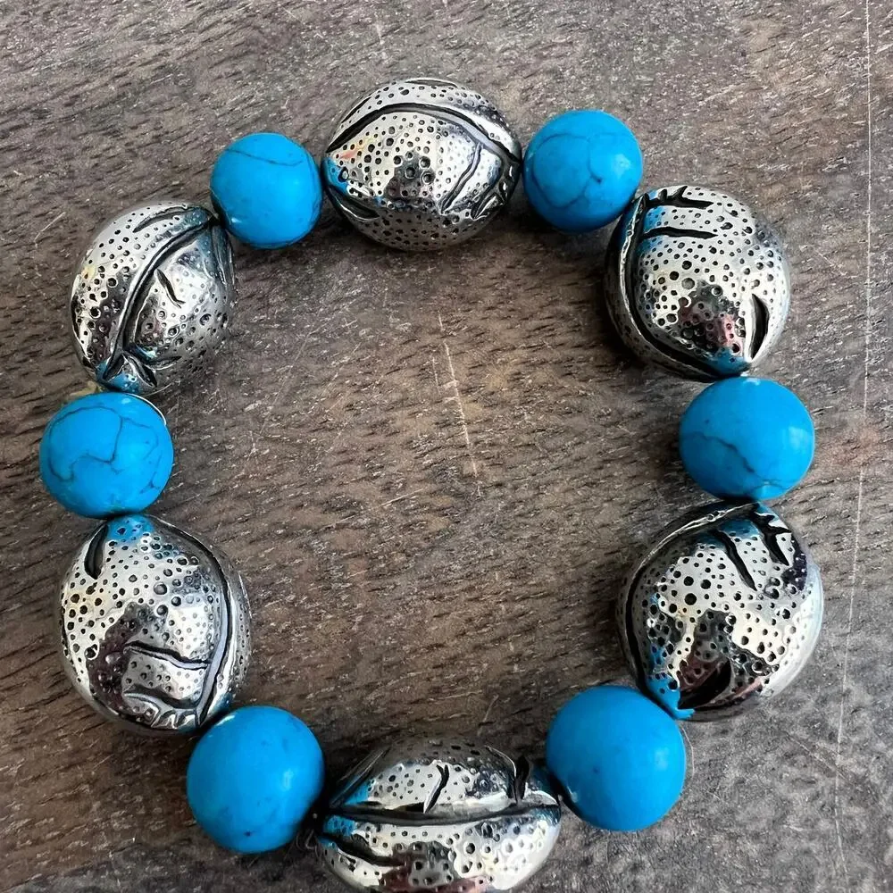 Unique and funky silver and turquoise beaded stretch bracelet